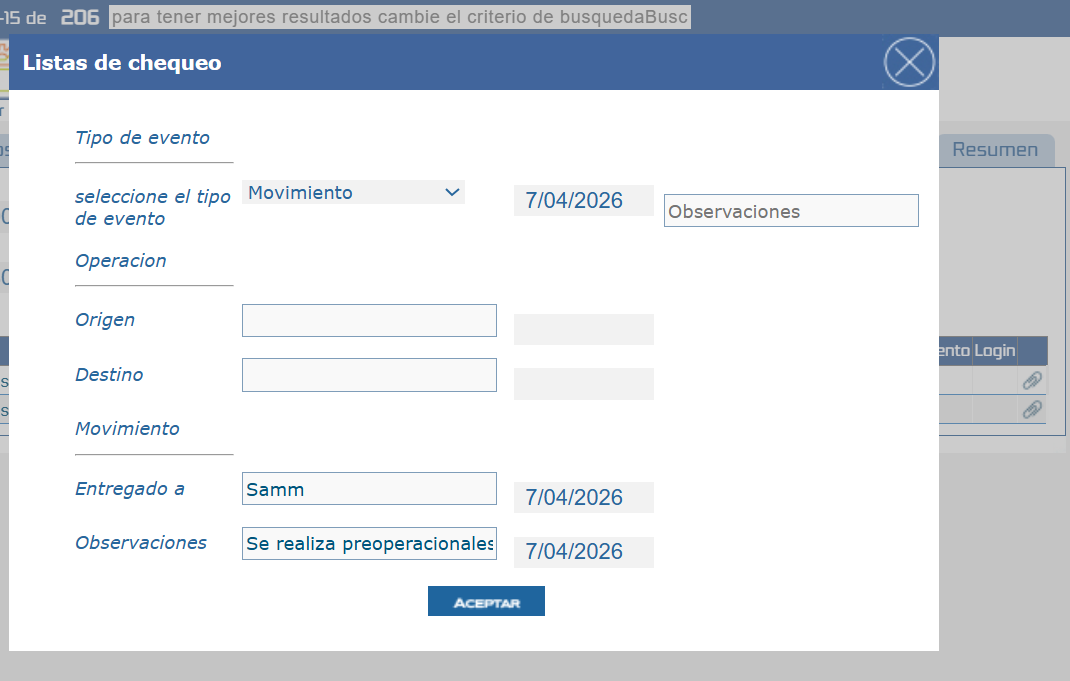 Datos dentro del checklist