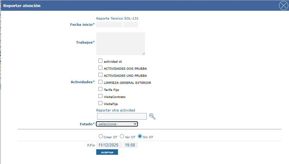 Modal de reportar atención con estados configurados