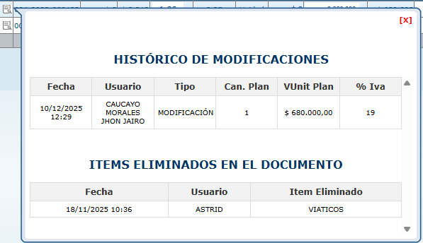 Modal de historial de ítems - Vista personalizada con tablas