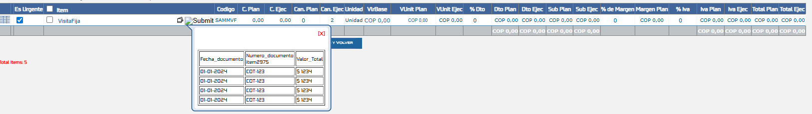 Modal de historial de ítems - Vista estándar